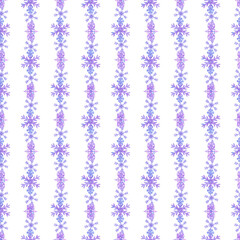 Hand drawn watercolor blue and lilac snowflakes in line seamless pattern. Winter Illustration isolated on white background. Can be used for textile, fabric wrapping and other printed products
