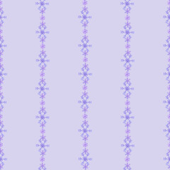 Hand drawn watercolor blue and lilac snowflakes in line seamless pattern. Winter Illustration isolated on lilac background. Can be used for textile, fabric wrapping and other printed products