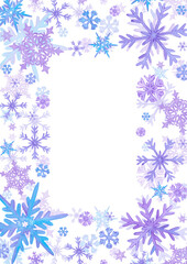 Hand drawn watercolor lilac and blue snowflakes postcard frame border. Winter Illustration isolated on white background. Can be used for postcard, invitation and other printed products