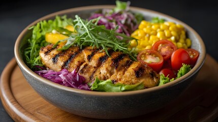 Grilled chicken salad bowl with fresh vegetables and corn