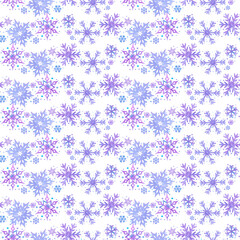 Hand drawn watercolor blue and lilac snowflakes and confetti seamless pattern. Winter Illustration isolated on white background. Can be used for textile, fabric wrapping and other printed products
