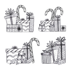 Hand drawn black charcoal pencil graphic drawing of presents boxes and candy cane composition isolated on white background. Can be used for cards, label and other printed products