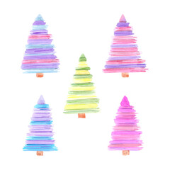 Hand drawn watercolor abstract colorful fir trees isolated on white background. Can be used for cards, label and other printed products