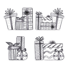 Hand drawn black charcoal pencil graphic drawing of presents boxes composition isolated on white background. Can be used for cards, label and other printed products