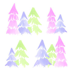 Hand drawn watercolor abstract colorful fir trees composition isolated on white background. Can be used for cards, label scrapbook and other printed products