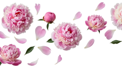 Pink Peonies and Petals on Dark Background isolated on a transparent background flower petals green leaves