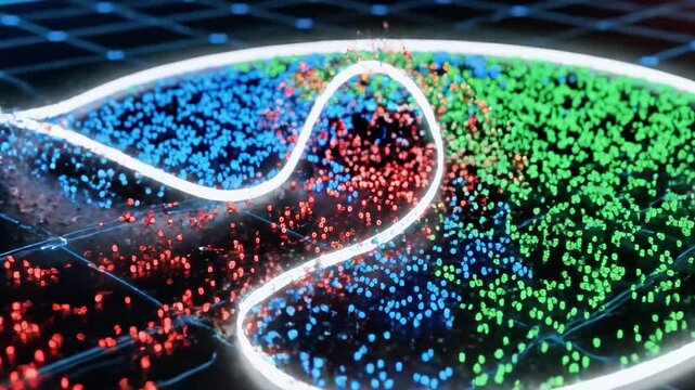 A 3D rendering of a large circular object divided into sections filled with red, blue, and green particles