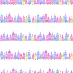 Hand drawn watercolor abstract colorful fir trees with stars seamless pattern isolated on white background. Can be used for textile, fabric and other printed products