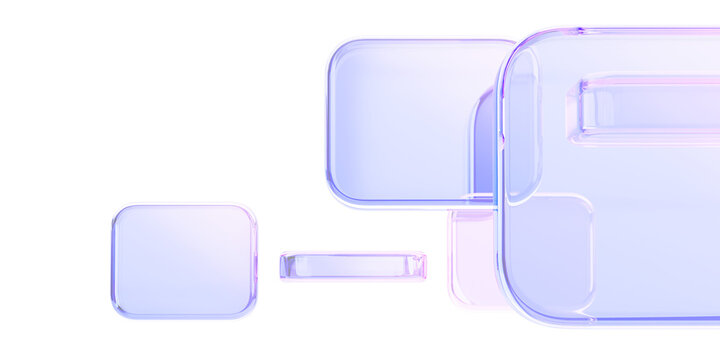 Light blue 3d background with glass holographic transparent cube blocks render. Abstract geometric pattern of square or rectangle shapes with purple pink gradient. Digital tech banner