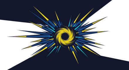 A dynamic abstract graphic design featuring a vibrant yellow spiral core, radiating sharp blue and gold spikes against a modern split dark and white background, conveying explosive energy and