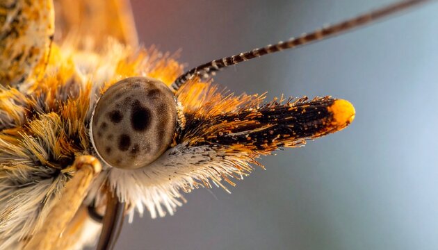A macro photograph of a butterflys head showing its spotted compound eye fuzzy orange and white body and bristly palpus