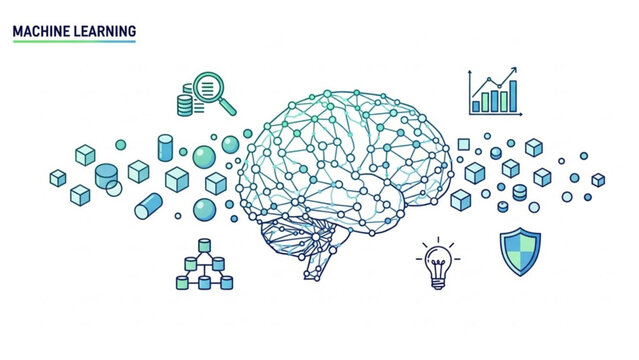Abstract digital brain network representing machine learning and artificial intelligence concepts with data analysis icons and technology elements isolated on white