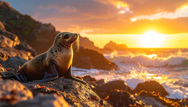 A sea lion rests on a rocky shore its coat illuminated by the golden light of a brilliant sunset over the ocean waves - Powered by Adobe