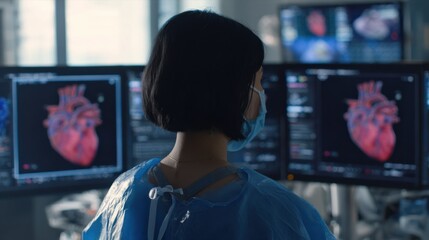 Rear view of clinician in blue disposable gown observing three monitors displaying 3D heart renders and cardiac data