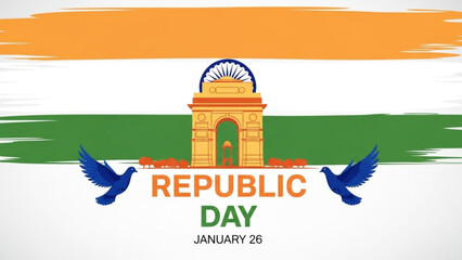 India Gate and Republic Day: A vibrant digital illustration of India Gate, symbolizes India's Republic Day on January 26th, rendered in the national flag colors, celebrating unity and heritage. 