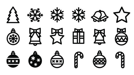 Festive winter icons including snowflakes trees and bells a silhouette