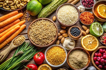 Table with many different types of food including carrots, tomatoes, and nuts