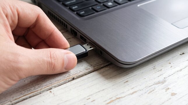 Man inserting USB drive into laptop port on wooden desk