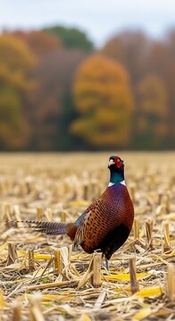A vibrant pheasant stands in a harvested field, with a backdrop of colorful autumn trees. The bird?s plumage shines