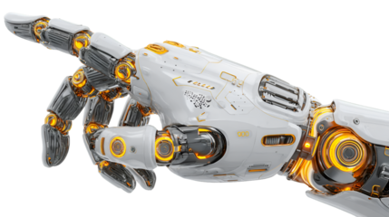 Modern cyborg hand featuring white composite plating and glowing circuitry.
