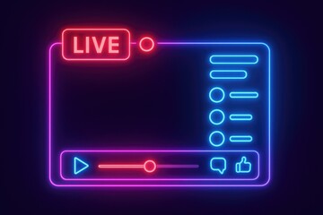 Glowing neon live stream video player interface, broadcast, social media, and online broadcast.