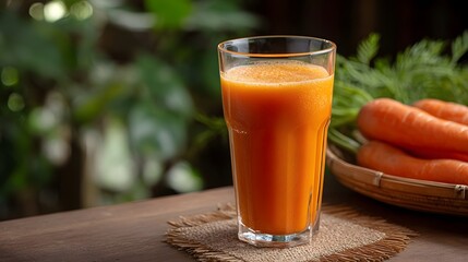 A tall glass of fresh vibrant orange carrot juice sits on a rustic wooden table next to a basket of carrots