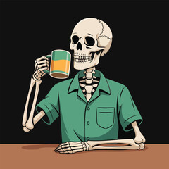 Skeleton Drinking Beer At Table Illustration.