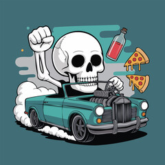 Skeleton Driver In Vintage Teal Car Illustration.