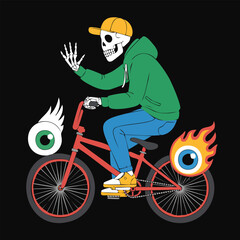 Skeleton Rider on Red Bicycle Wearing Green Hoodie.