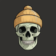 Skull Wearing Orange Beanie Portrait Illustration.