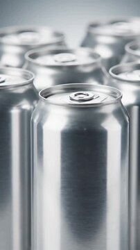 A close-up view of several shiny, silver beverage cans. The focus is shallow