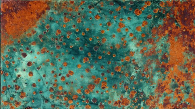 Abstract turquoise and rust texture with organic stains, artistic grunge background.