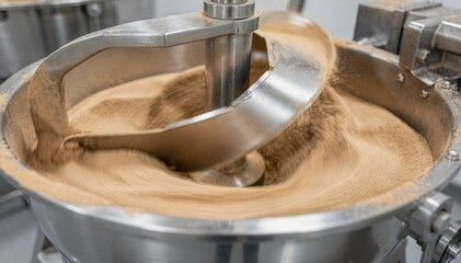 Medium shot showing ribbon blender gently stirring iced tea powder emphasizing light tan hues and fluid powder distribution for instant beverage production.