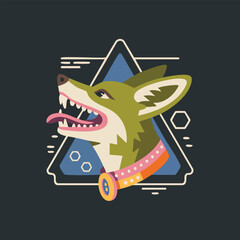 Stylized wolf head with collar illustration.