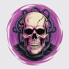 Stylized skull illustration with metallic rings and purple aura.