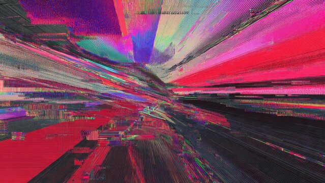 Colorful abstract glitch art with dynamic lines and vibrant digital distortion background.