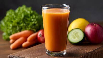 Fototapeta premium A tall glass of vibrant orange juice stands on a wooden table surrounded by fresh ingredients like carrots lettuce tomato cucumber lemon and