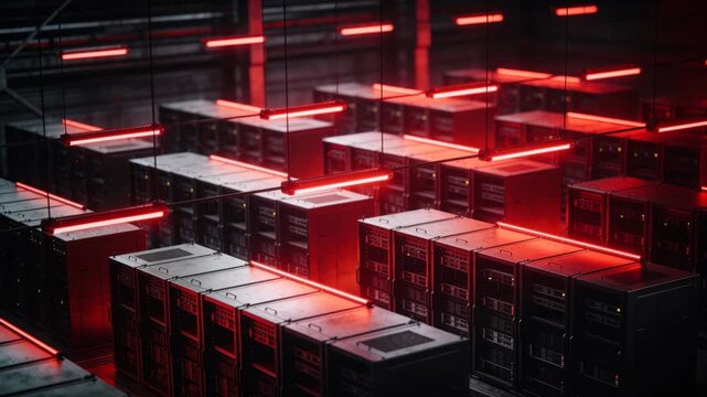 High-Tech Server Room with Sleek Metallic Servers Illuminated by LED Lights in a Modern Data Center