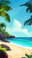Vibrant Digital Illustration of Tropical Beach Paradise with Chibi Style Elements