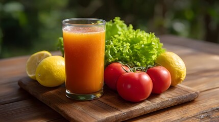 Fototapeta premium A glass of fresh orange juice with tomatoes lemons and lettuce on a wooden board outdoors
