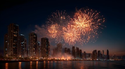 Celebration lights glow above city skyline with golden fireworks bursting in evening sky near waterfront
