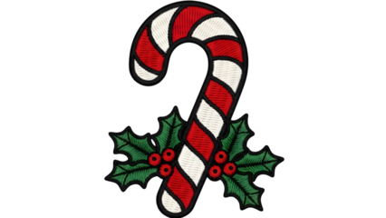 Red and white striped candy cane with green holly leaves and red berries isolated on a transparent background