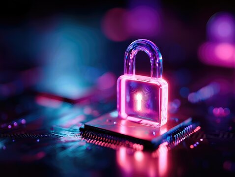 Neon pink padlock on a microchip symbolizing digital security