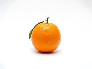 Single Ripe Orange with Leaf on White Background Fresh Citrus Fruit.