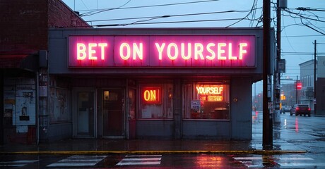 Naklejka premium Small business storefront displays bright neon sign. Wet street reflects lights, creating moody urban scene. Dusk setting adds dramatic effect.