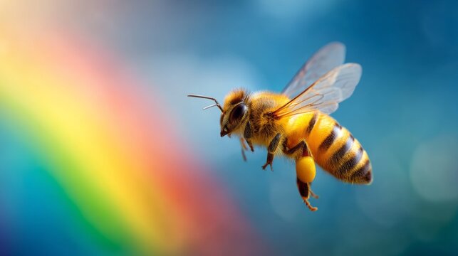 A busy bee buzzes through the air, dancing near a dazzling rainbow that arches over a lush garden. Sunlight glints off its golden stripes as it seeks nectar among blooming flowers