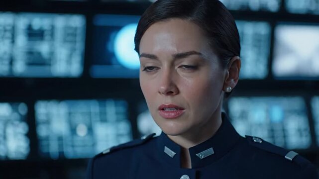 Woman in uniform, monitors blur behind her, focused expression