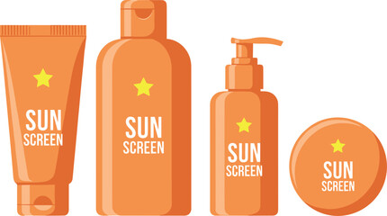 Set of flat design vector illustrations showing four different common sunscreen and sun protection product packaging mockups, including tubes, bottles, and pump dispensers in orange