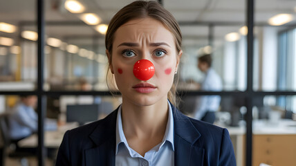 Businesswoman with red clown nose and face paint in office setting