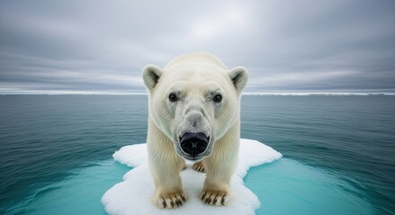 Polar Bear Standing Head-On On A Small Ice Floe In The Arctic Ocean Under A Cloudy Sky